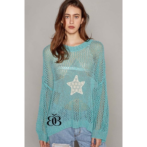 POL Blue Oversized Open Knit Sweater with Center Star Patch - Picture 2 of 11